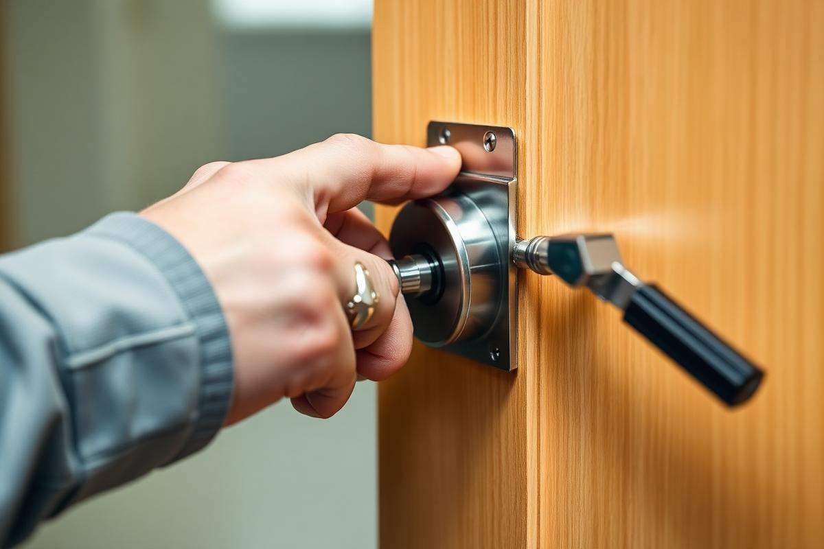 Locksmith installing a commercial mortise lock on an office door