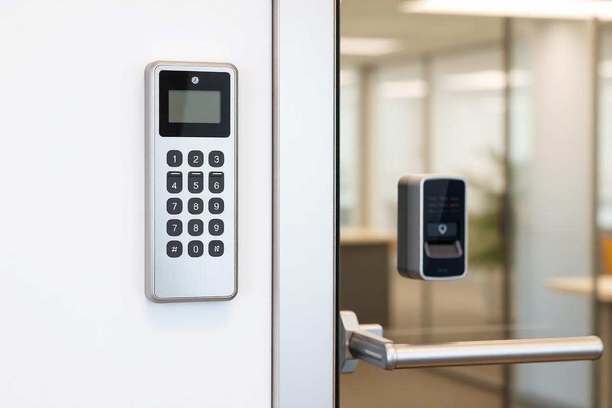Commercial keypad and card reader access control on a glass office door
