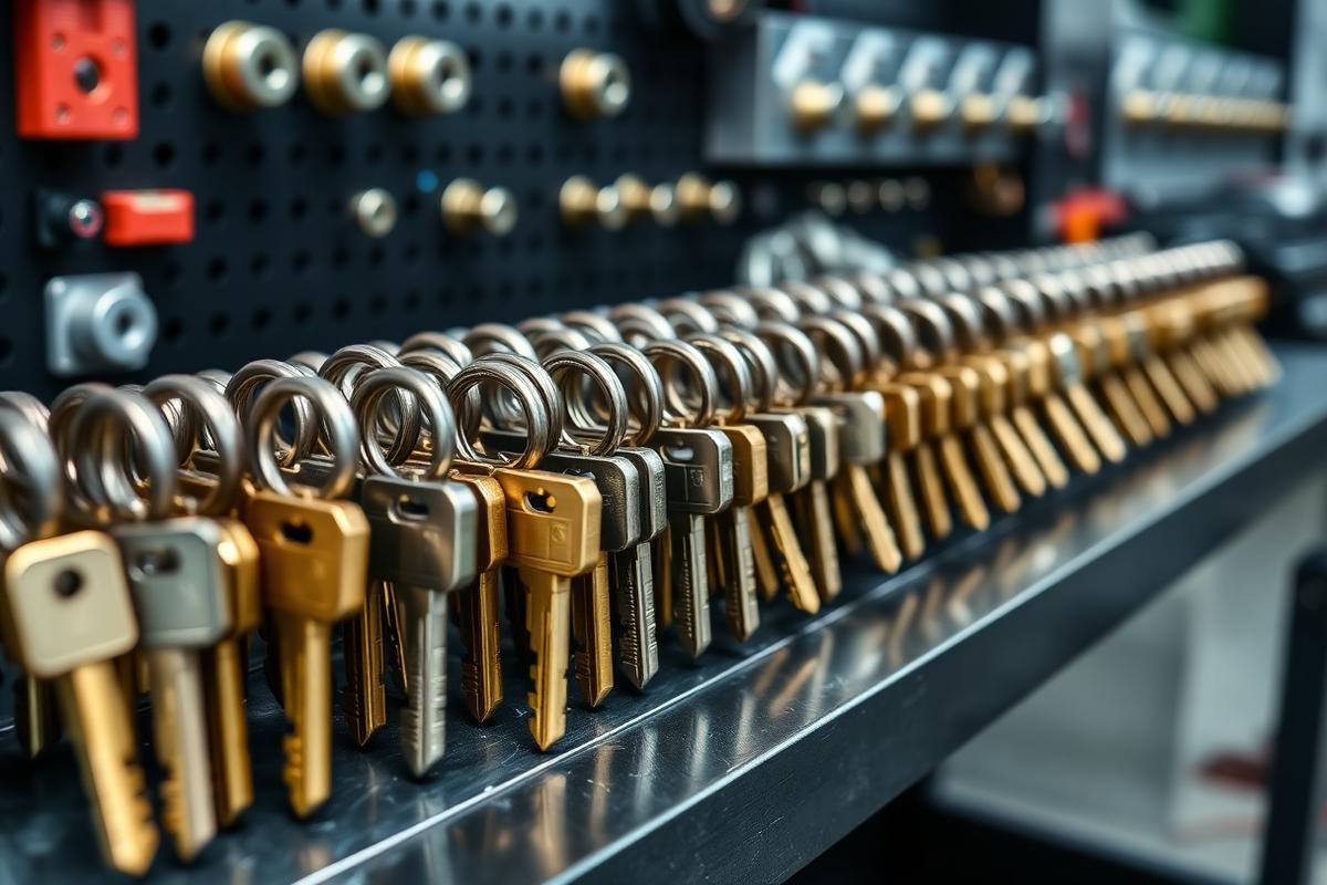 Rows of brass commercial keys on a locksmith workbench