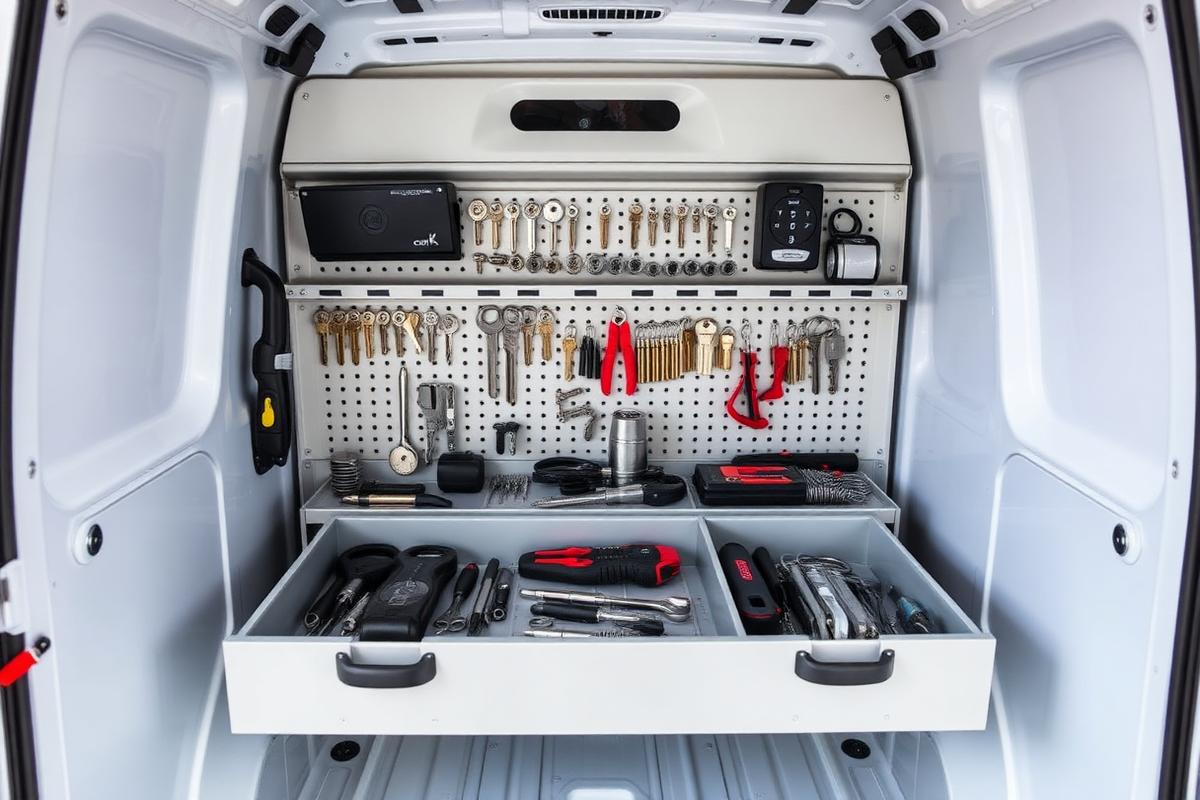 Organized locksmith service van with professional tools and key blanks