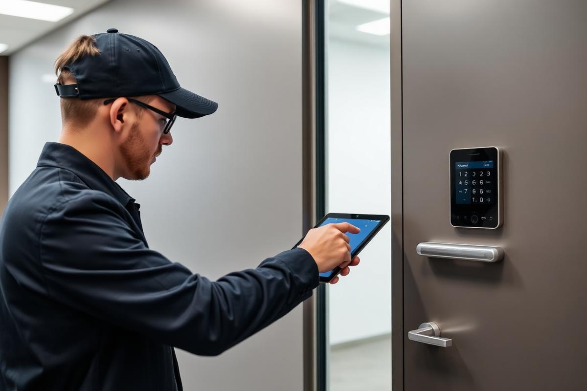 Technician programming a commercial electronic smart lock with a tablet